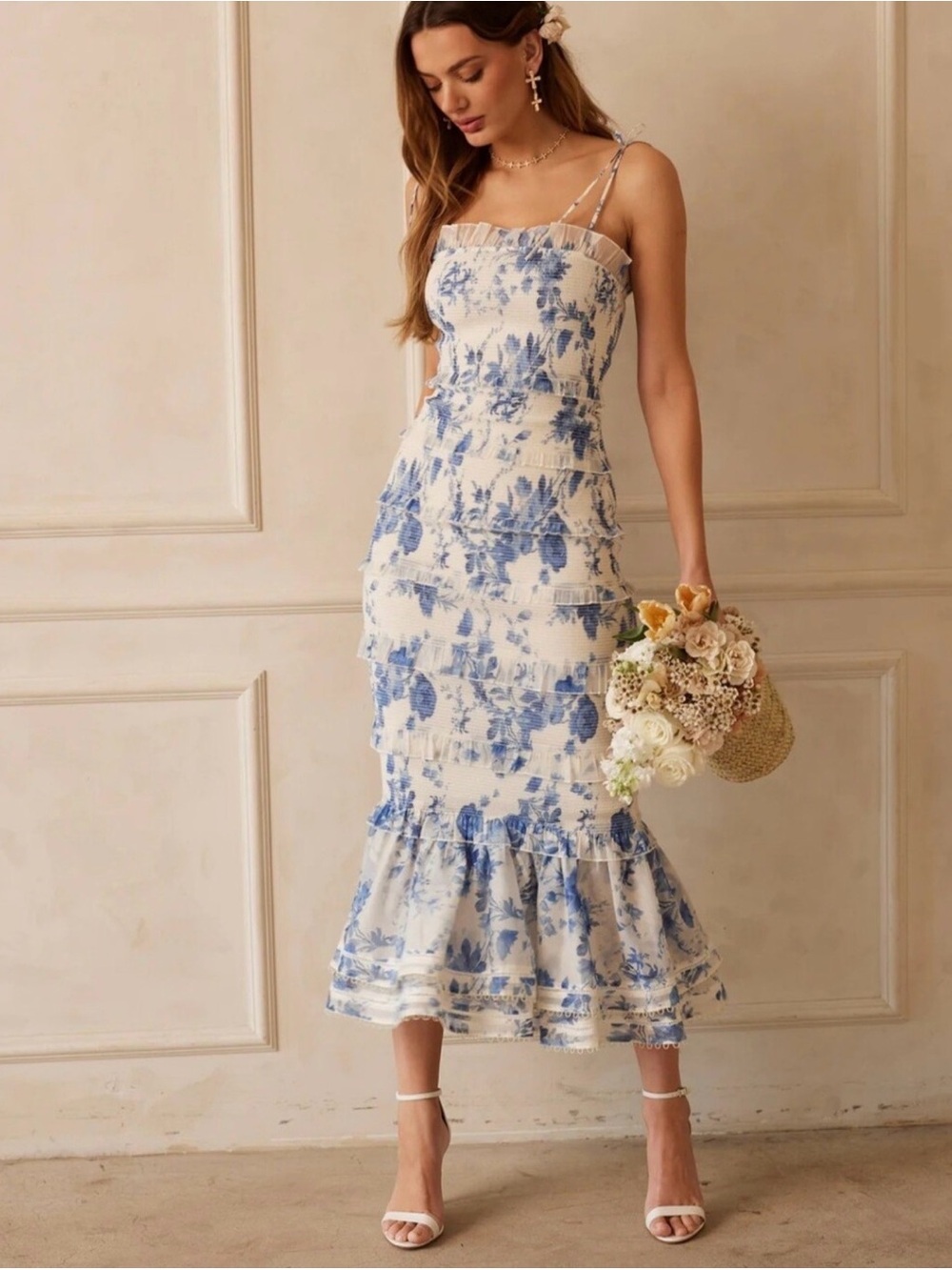 V. Chapman Cream and Blue Floral Tiered Midi Dress